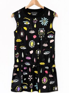 Boutique Moschino Black Multicolor Surreal Face Print Cotton Dress IT 38 US 4/6